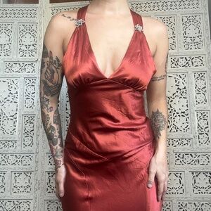 Kiki USA Y2K Style Burnt Orange Satin V Neck Mermaid Formal Prom Dress Sz Small‎